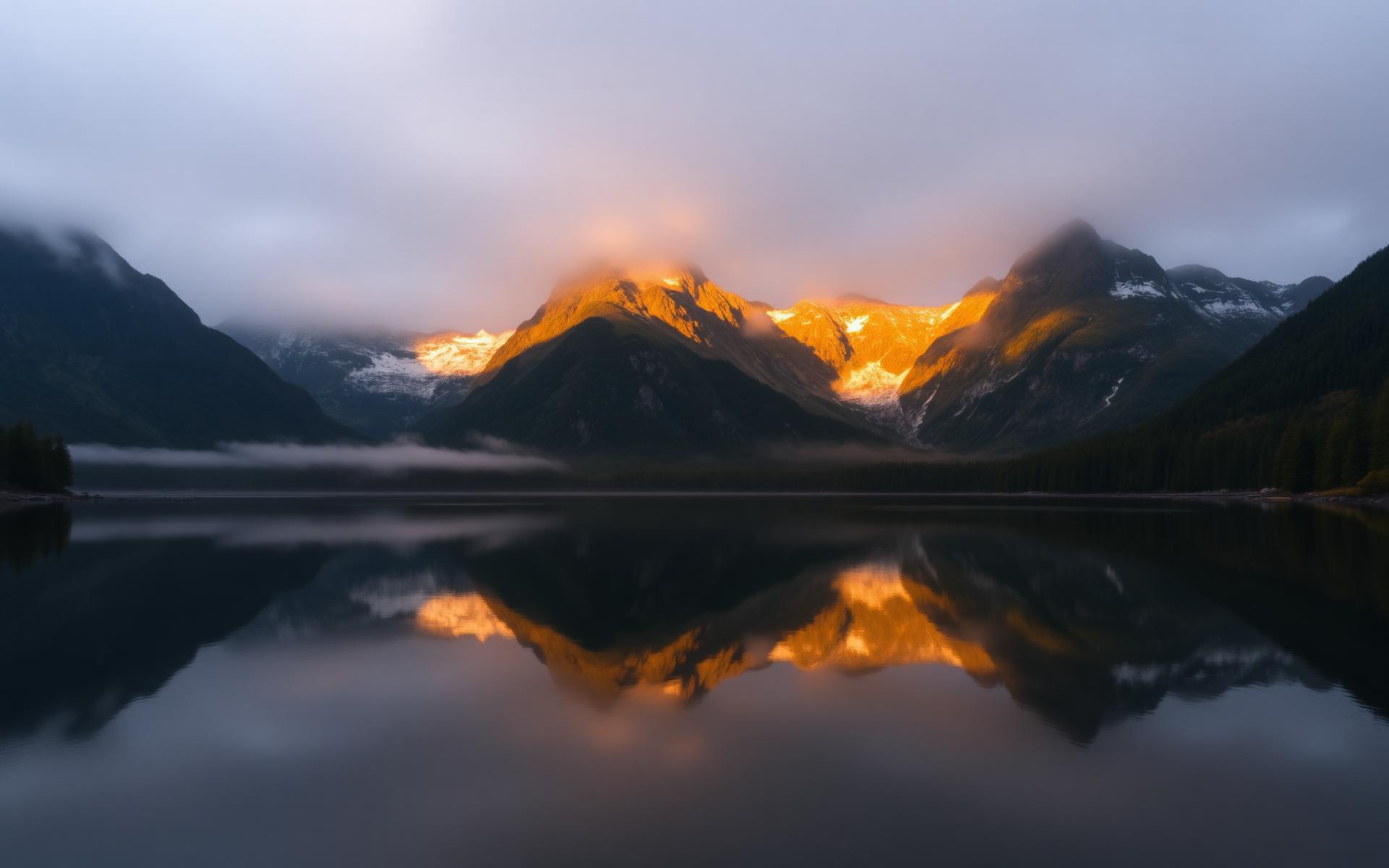 Dawn light over a still alpine lake in Fiordland, New Zealand